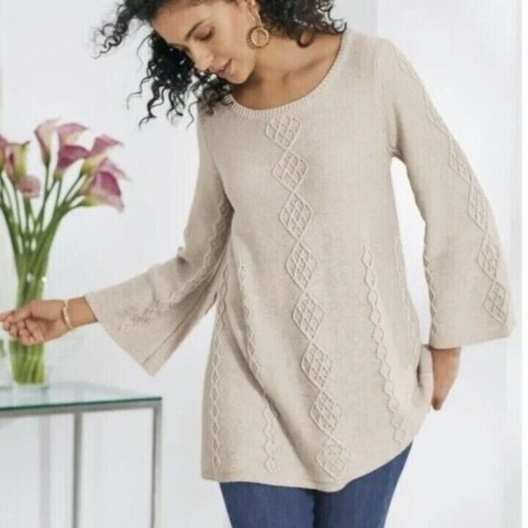 NEW Soft Surroundings Reza Diamond Lattice Flare Sleeve Sweater Beige PS NWT - Picture 1 of 5